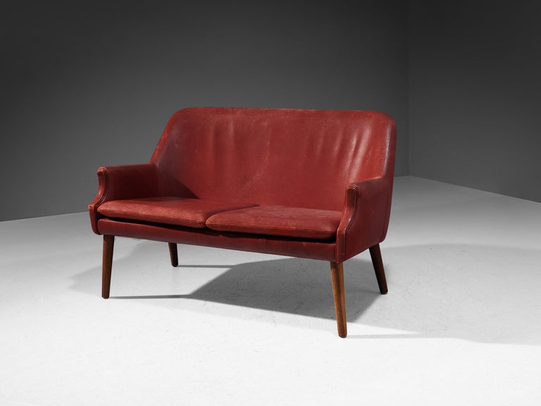 Scandinavian Modern Sofa or Settee in Red Leather and Wood