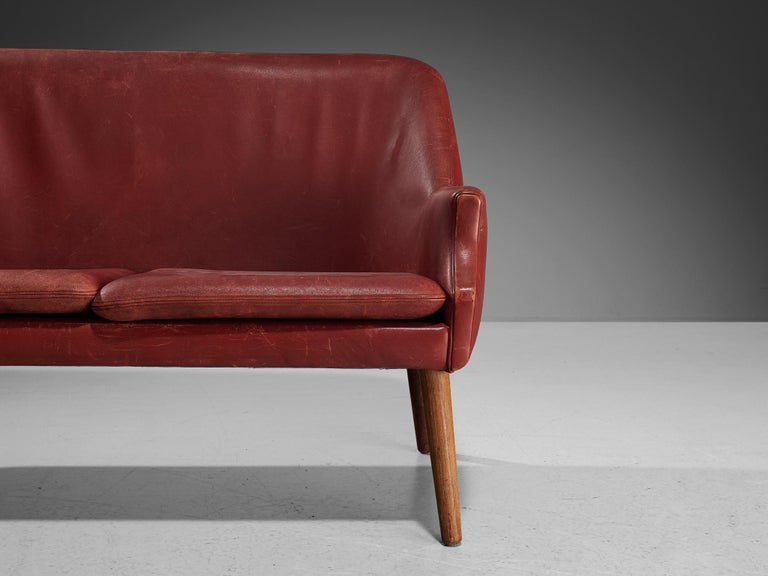 Scandinavian Modern Sofa or Settee in Red Leather and Wood