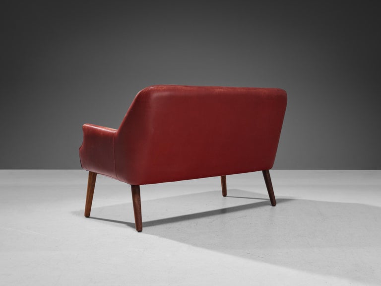 Scandinavian Modern Sofa or Settee in Red Leather and Wood