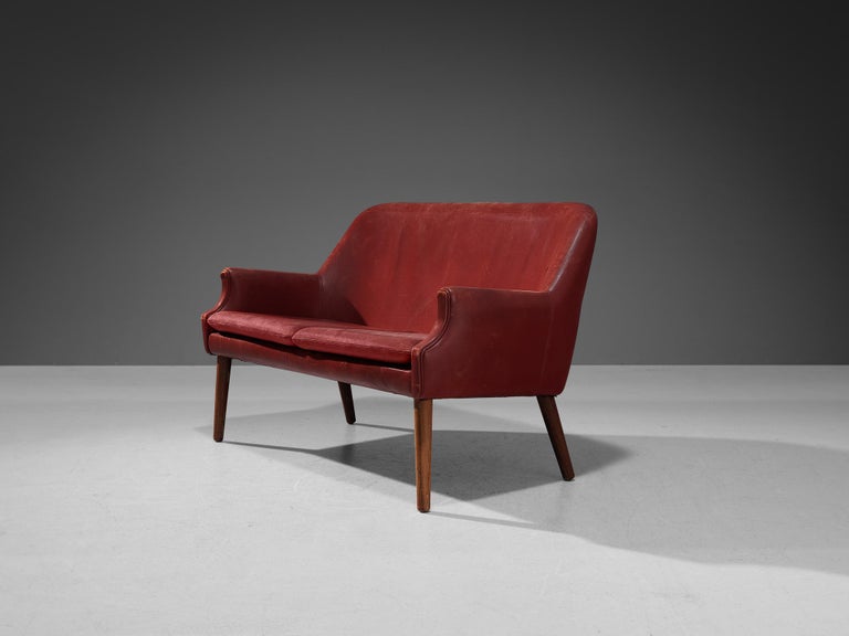 Scandinavian Modern Sofa or Settee in Red Leather and Wood