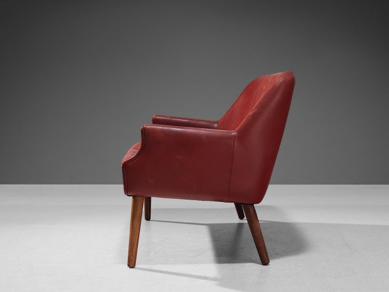 Scandinavian Modern Sofa or Settee in Red Leather and Wood