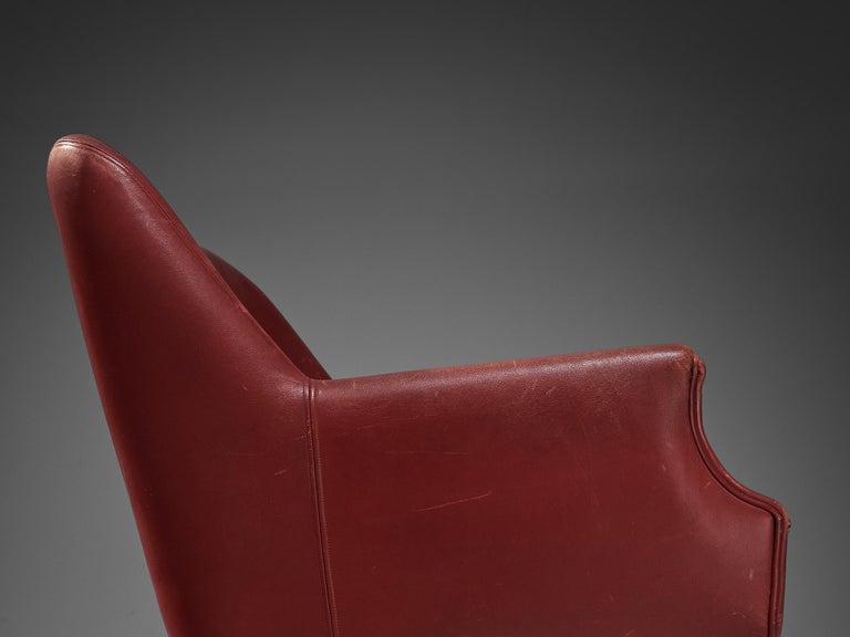 Scandinavian Modern Sofa or Settee in Red Leather and Wood