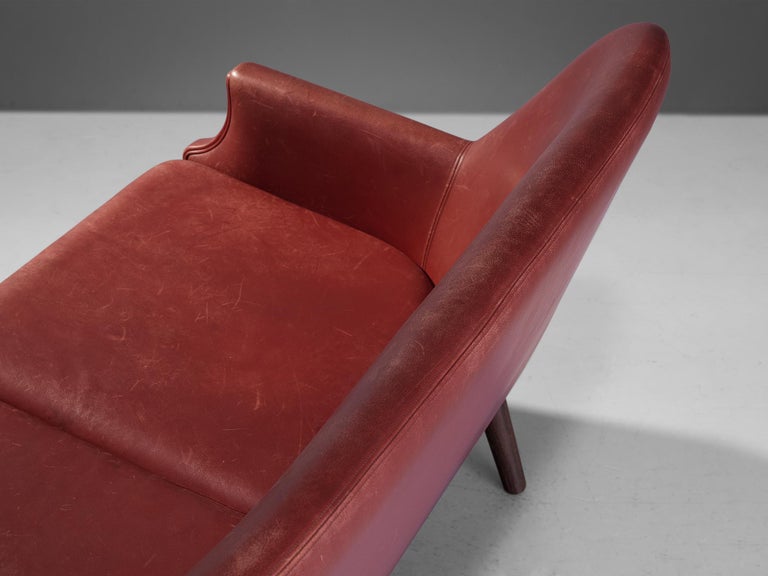 Scandinavian Modern Sofa or Settee in Red Leather and Wood