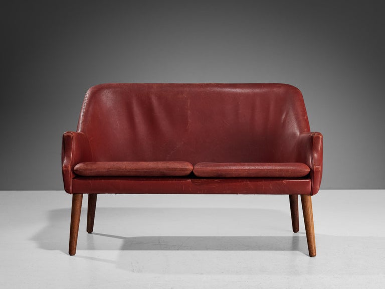 Scandinavian Modern Sofa or Settee in Red Leather and Wood