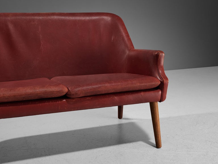 Scandinavian Modern Sofa or Settee in Red Leather and Wood