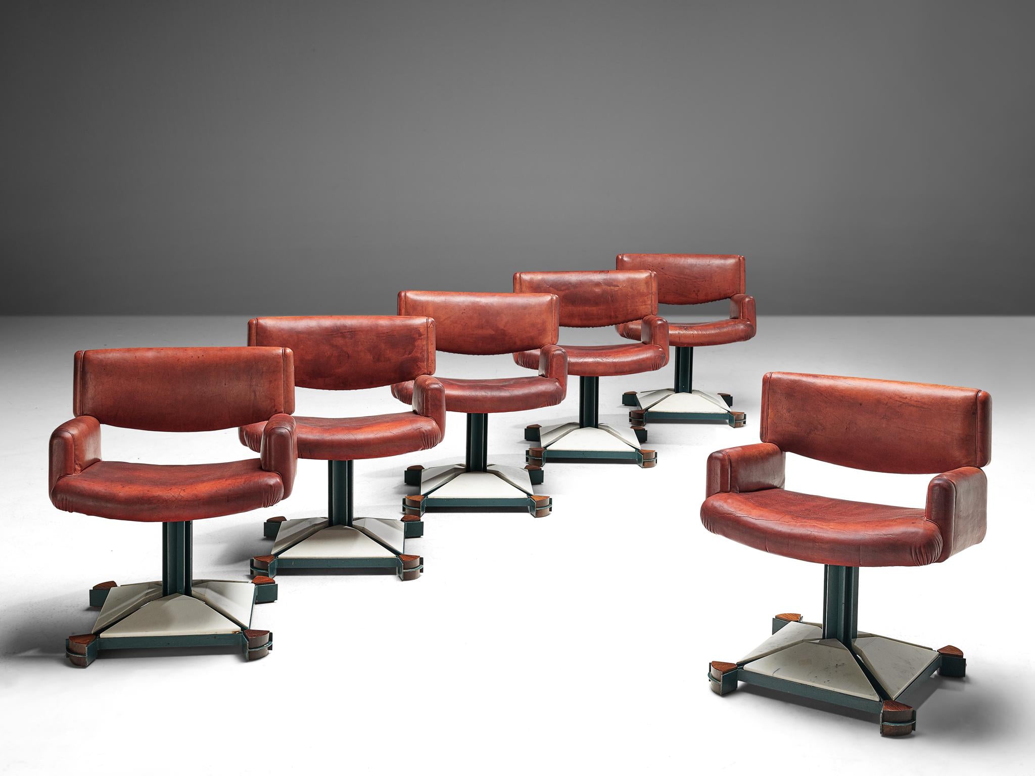 Italian Set of Six Armchairs in Marble and Red Leather