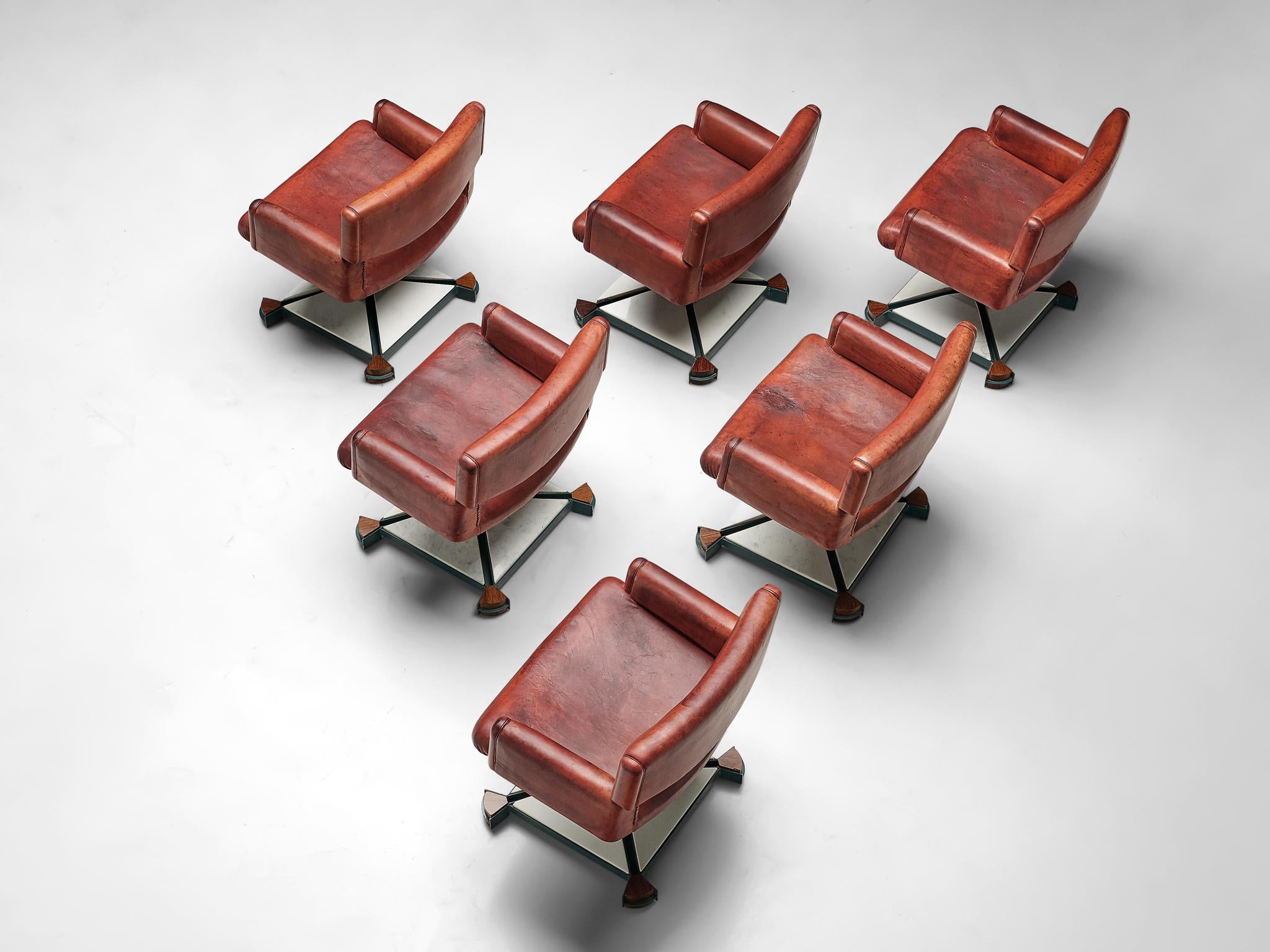 Italian Set of Six Armchairs in Marble and Red Leather