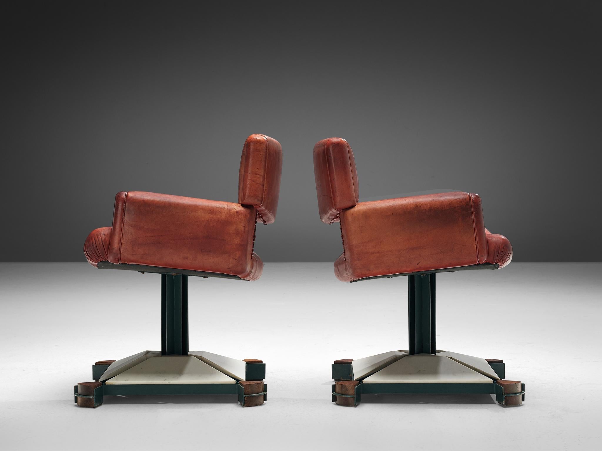 Italian Pair of Armchairs in Marble and Red Leather