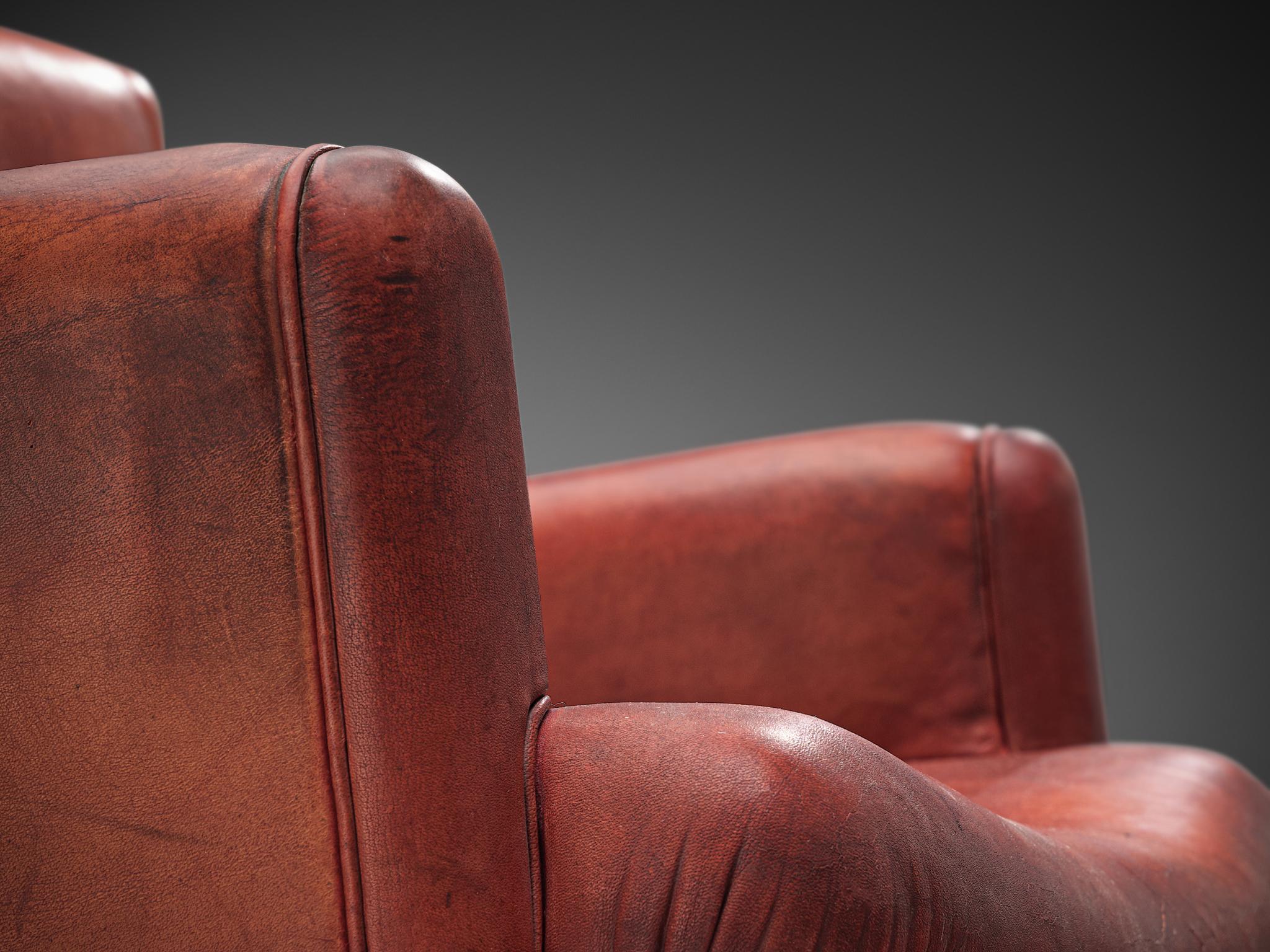 Italian Pair of Armchairs in Marble and Red Leather