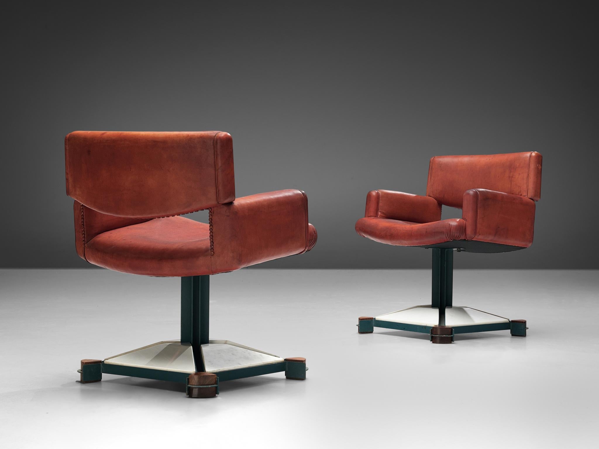 Italian Pair of Armchairs in Marble and Red Leather