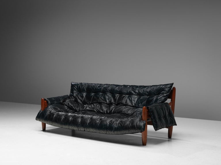 Sergio Rodrigues 'Sheriff' Sofa in Black Upholstery and Imbuia Wood