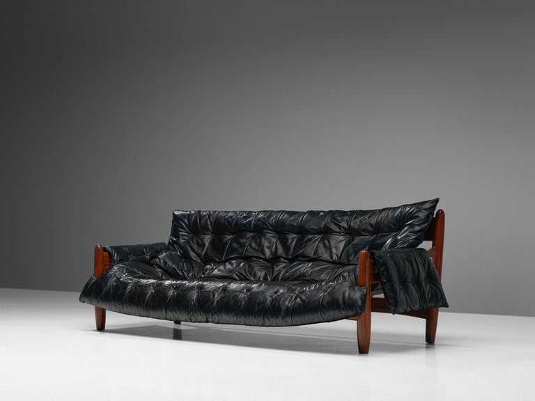 Sergio Rodrigues 'Sheriff' Sofa in Black Upholstery and Imbuia Wood