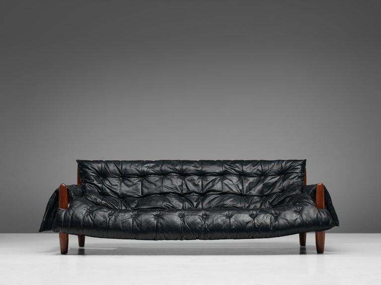 Sergio Rodrigues 'Sheriff' Sofa in Black Upholstery and Imbuia Wood