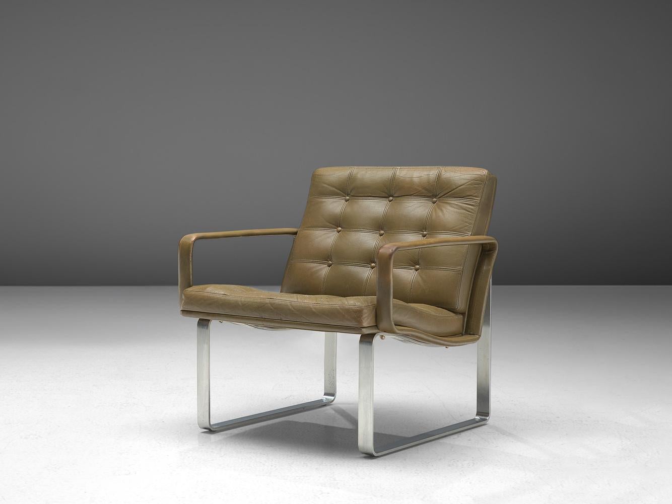 Ole Gjerløv-Knudsen & Torben Lind Lounge Chair in Olive Green Leather Metal