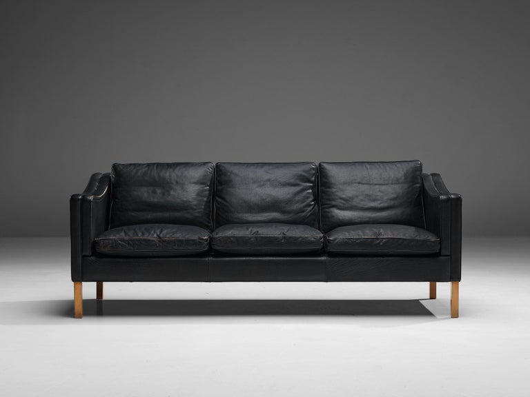 Danish Modern Three-Seat Sofa in Black Leather and Wood