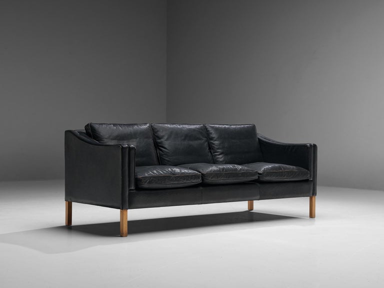 Danish Modern Three-Seat Sofa in Black Leather and Wood