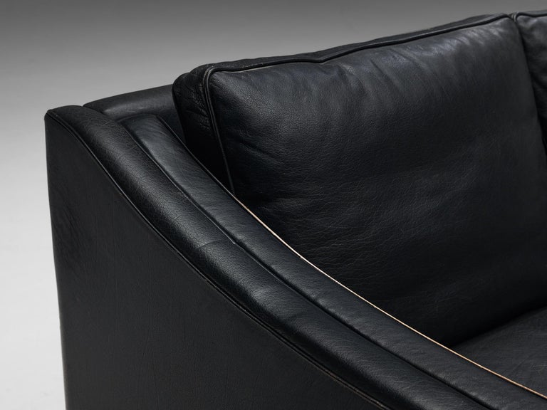 Danish Modern Three-Seat Sofa in Black Leather and Wood