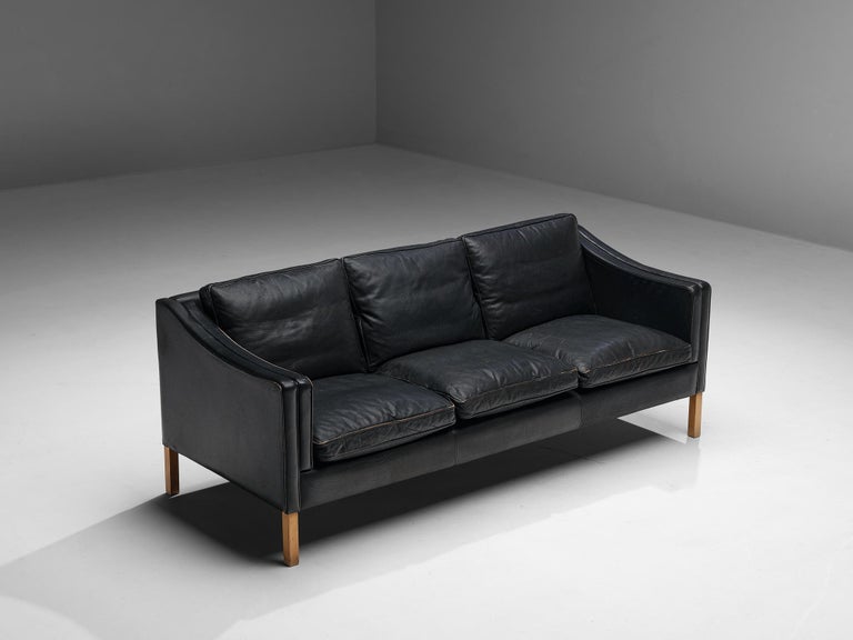 Danish Modern Three-Seat Sofa in Black Leather and Wood