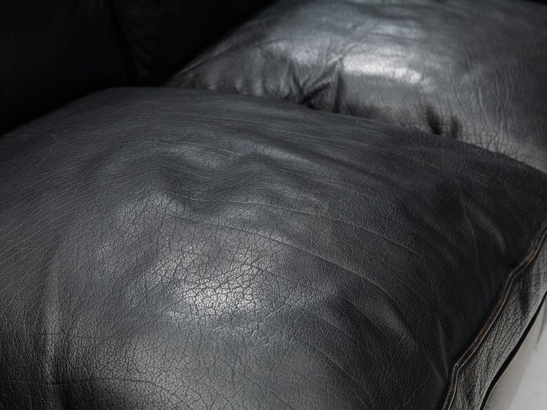 Danish Modern Three-Seat Sofa in Black Leather and Wood