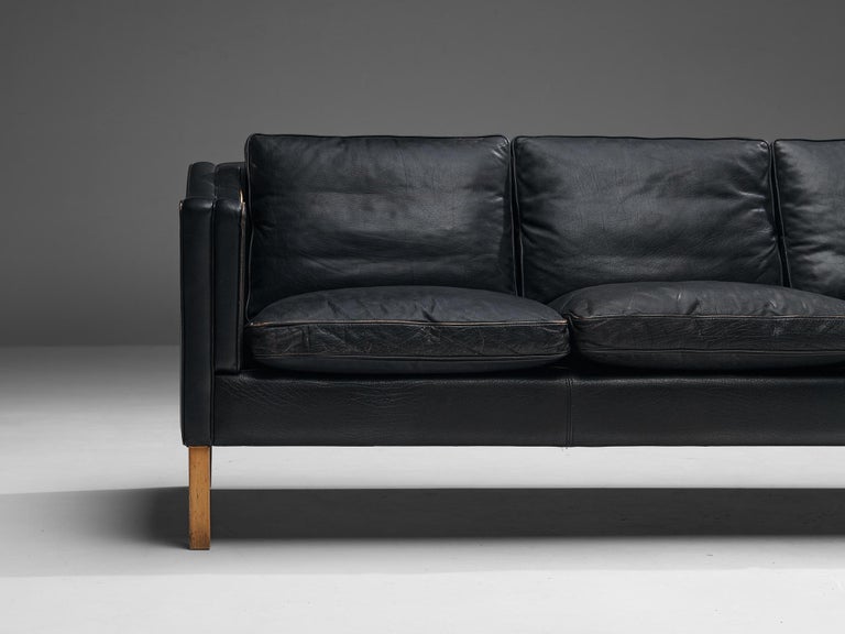 Danish Modern Three-Seat Sofa in Black Leather and Wood