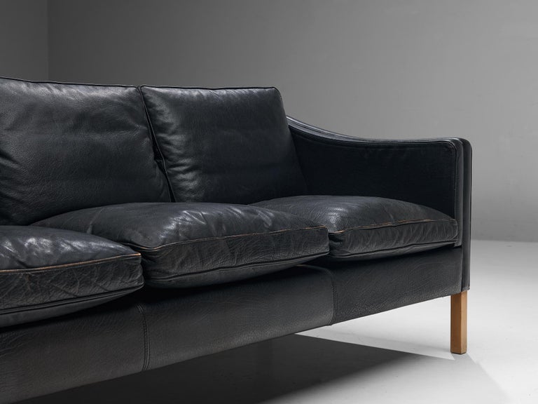 Danish Modern Three-Seat Sofa in Black Leather and Wood