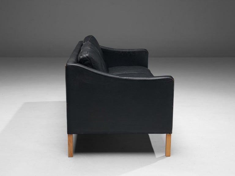 Danish Modern Three-Seat Sofa in Black Leather and Wood