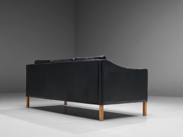 Danish Modern Three-Seat Sofa in Black Leather and Wood