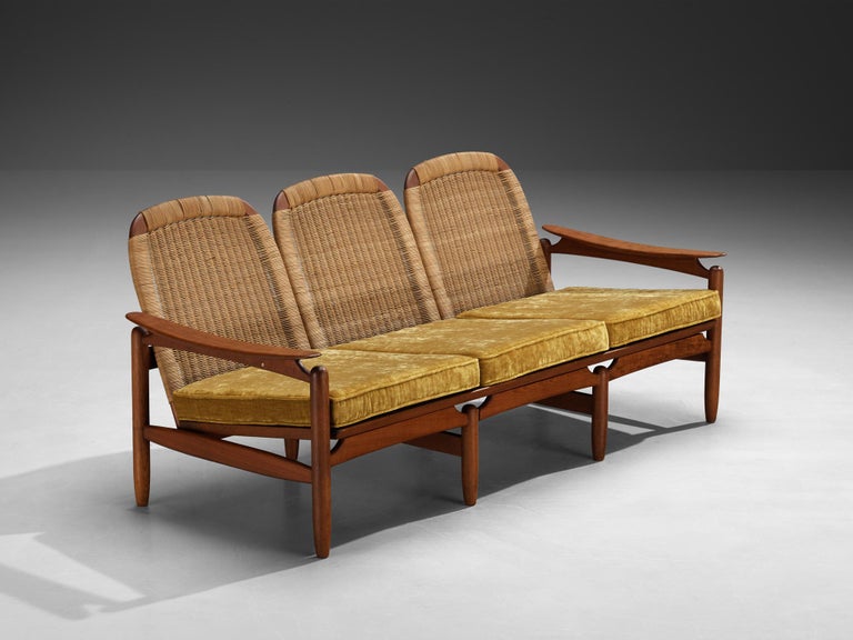 Danish Mid-Century Modern Sofa in Teak Fabric and Cane