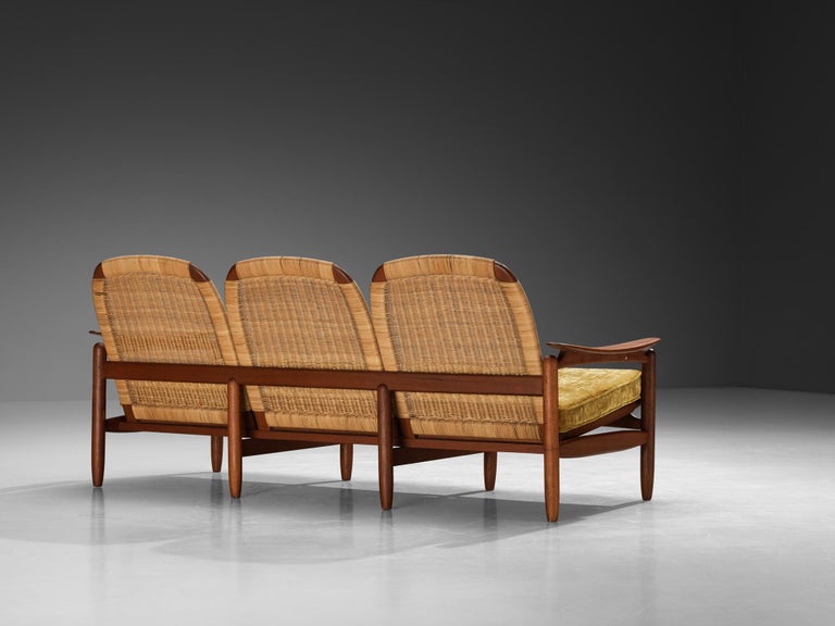 Danish Mid-Century Modern Sofa in Teak Fabric and Cane