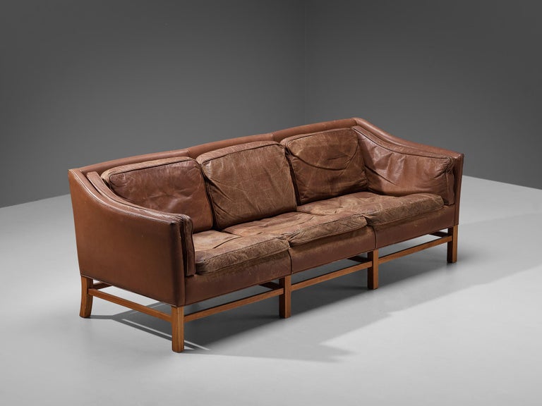 Danish Sofa in Brown Leather and Mahogany