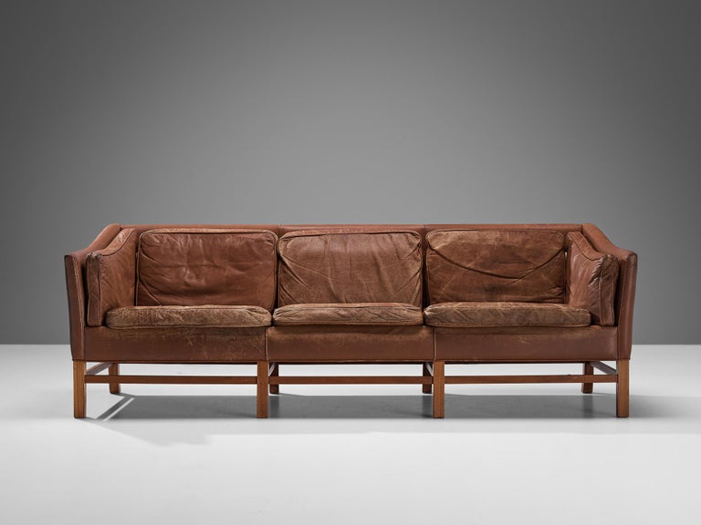 Danish Sofa in Brown Leather and Mahogany