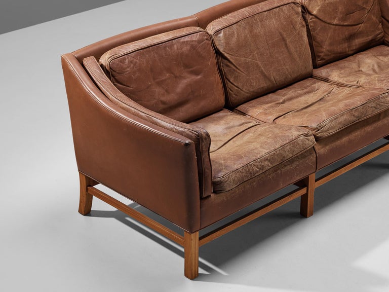 Danish Sofa in Brown Leather and Mahogany