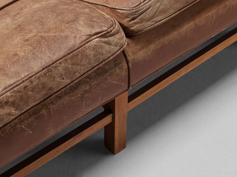 Danish Sofa in Brown Leather and Mahogany