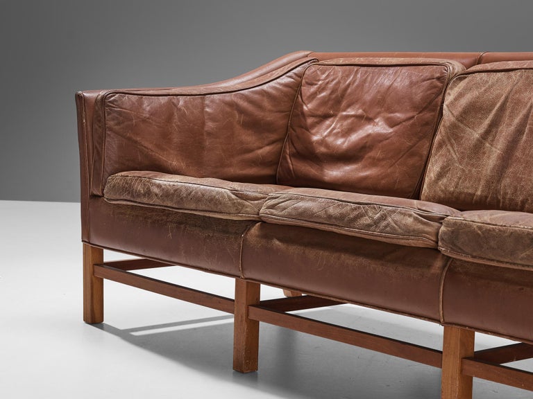 Danish Sofa in Brown Leather and Mahogany