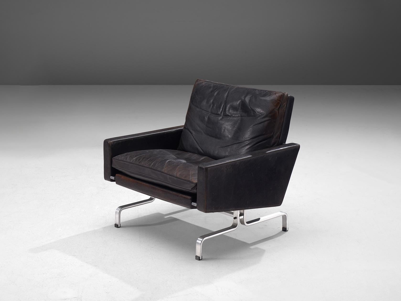 Poul Kjærholm 'PK31-1' Lounge Chair in Original Black Leather and Steel