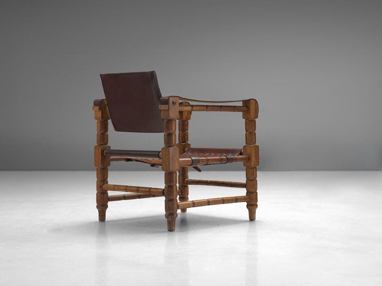 Safari Armchair in Brown Leather with Sculptural Wooden Frame