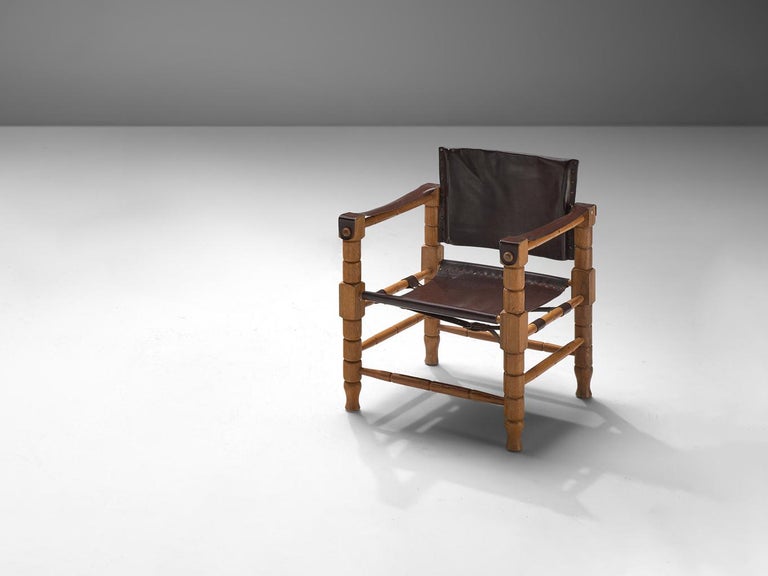 Safari Armchair in Brown Leather with Sculptural Wooden Frame