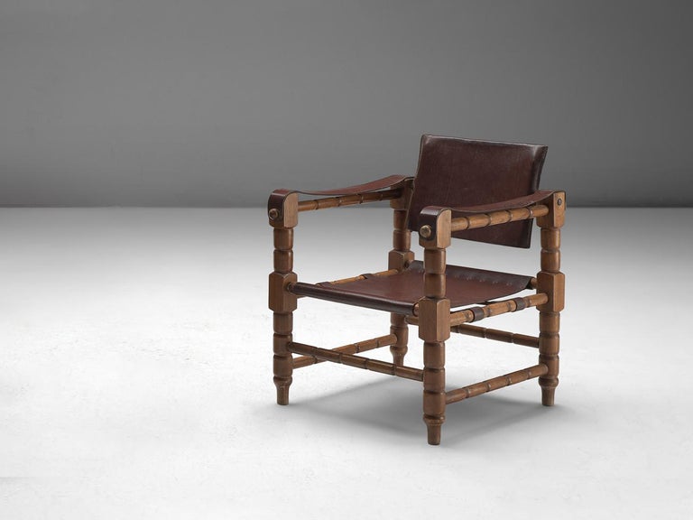 Safari Armchair in Brown Leather with Sculptural Wooden Frame