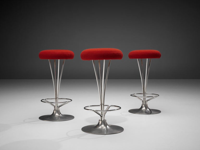 Piet Hein for Fritz Hansen Set of Three Metal Bar Stools with Red Seats