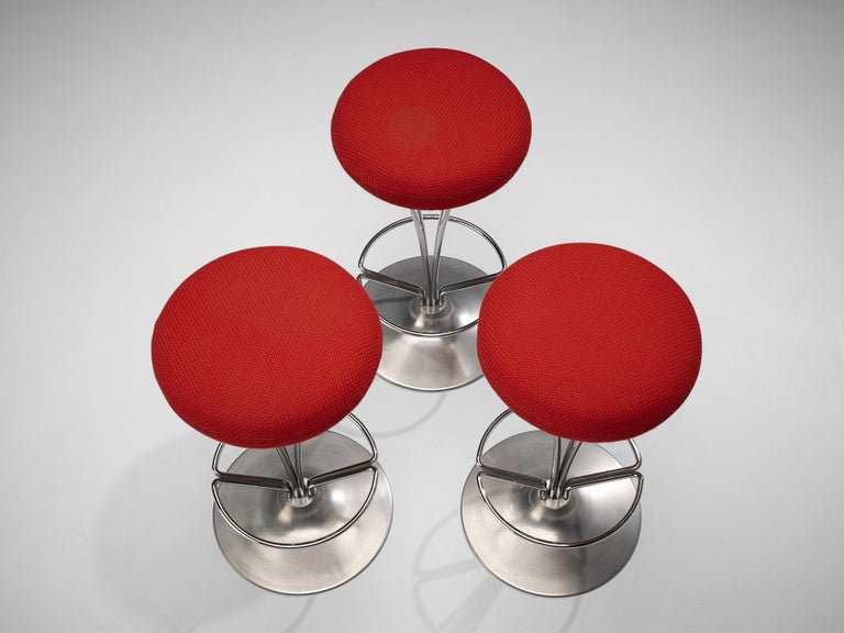 Piet Hein for Fritz Hansen Set of Three Metal Bar Stools with Red Seats