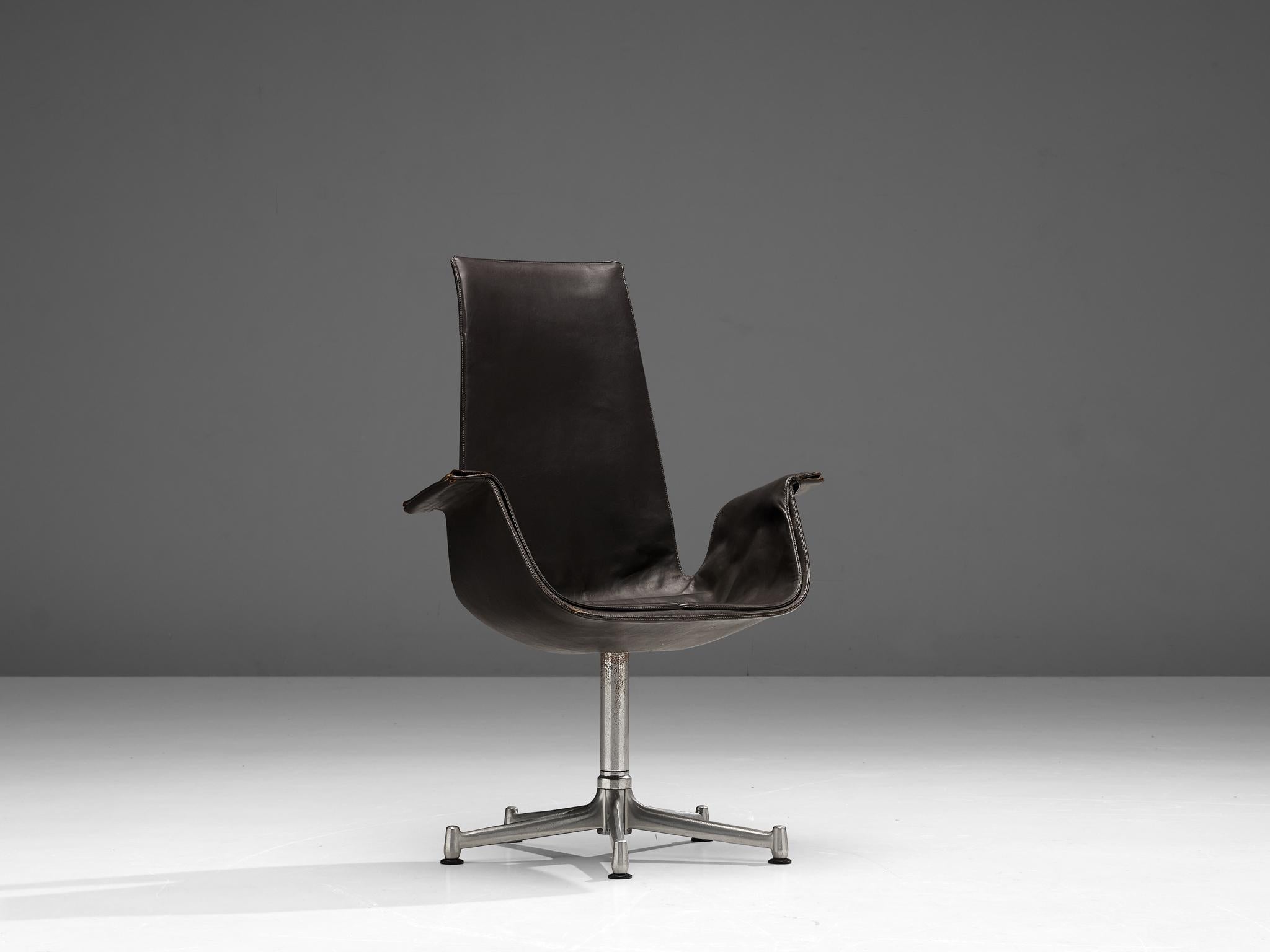 Fabricius & Kastholm Swivel Chair in Dark Brown Leather and Steel