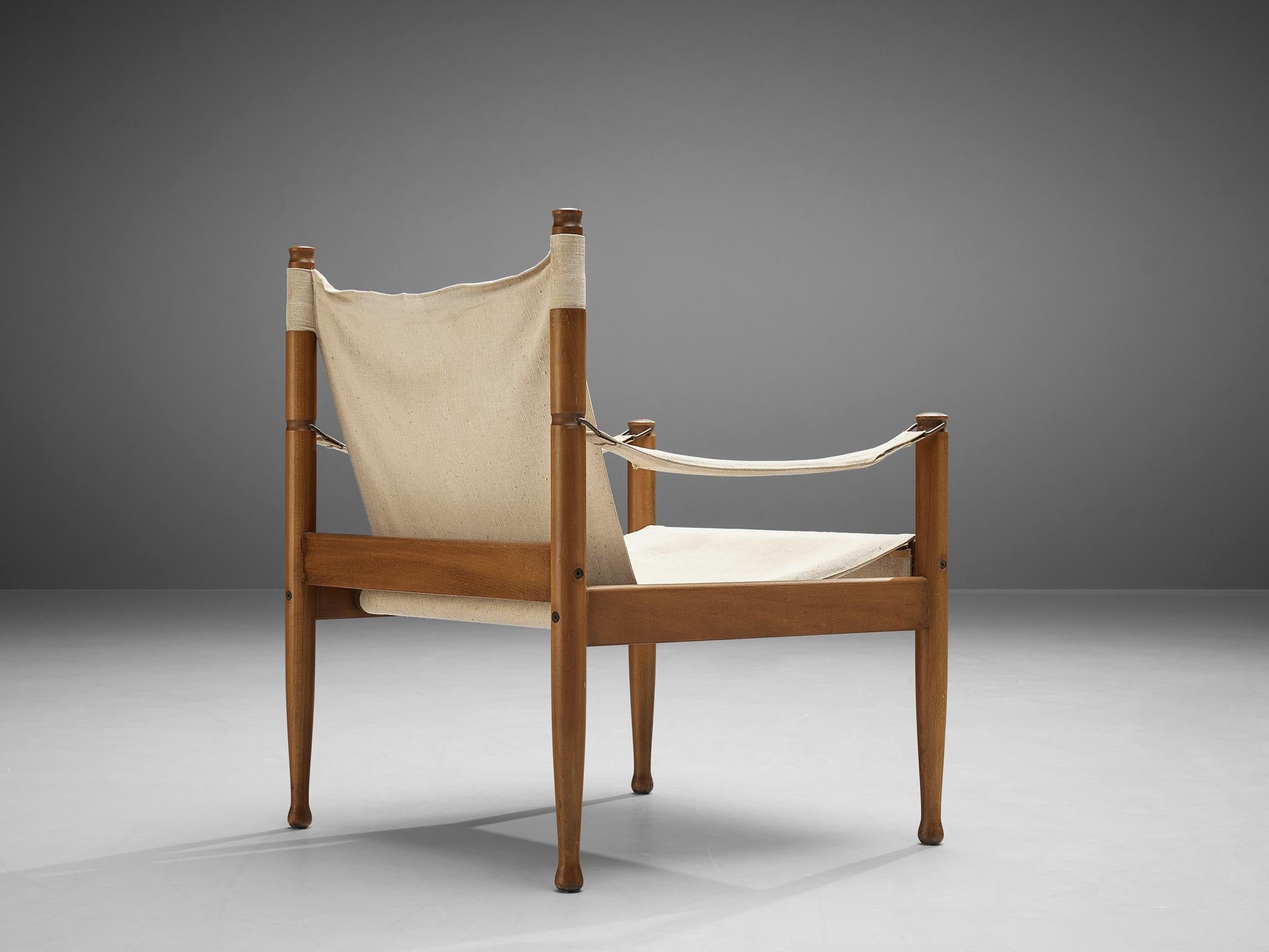 Erik Wørts Safari Lounge Chair in Off-White Canvas and Wood