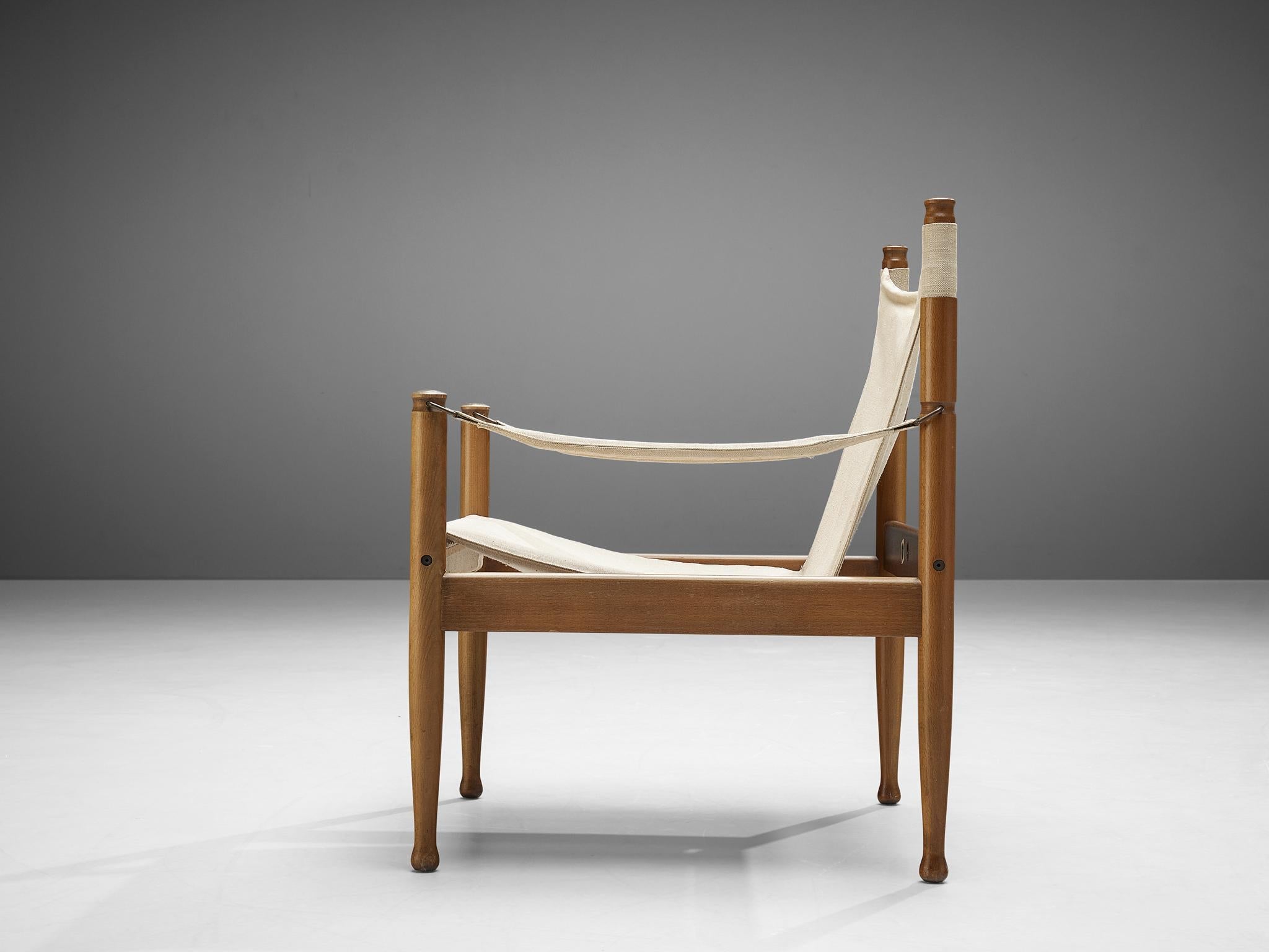 Erik Wørts Safari Lounge Chair in Off-White Canvas and Wood