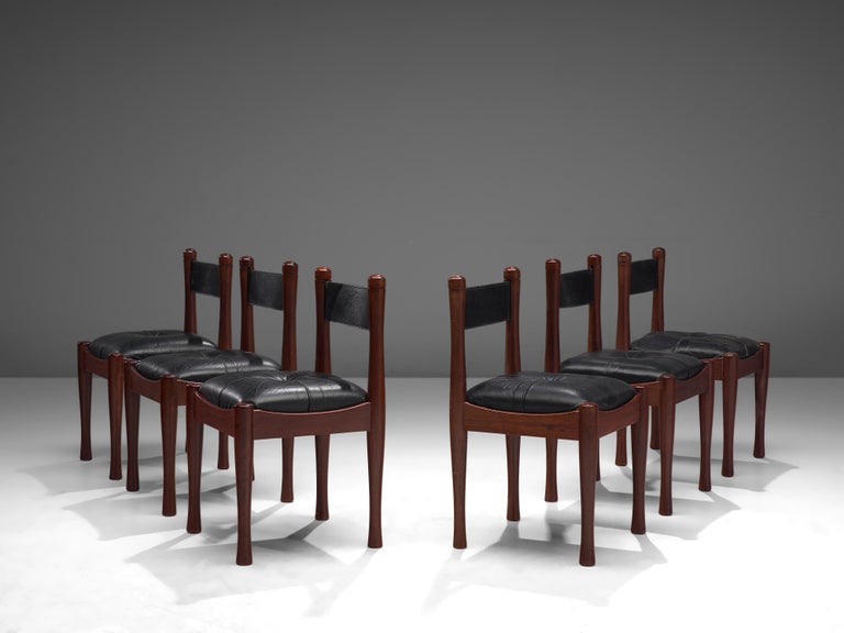 Silvio Coppola for Bernini Set of Six Dining Chairs in Wood and Leather