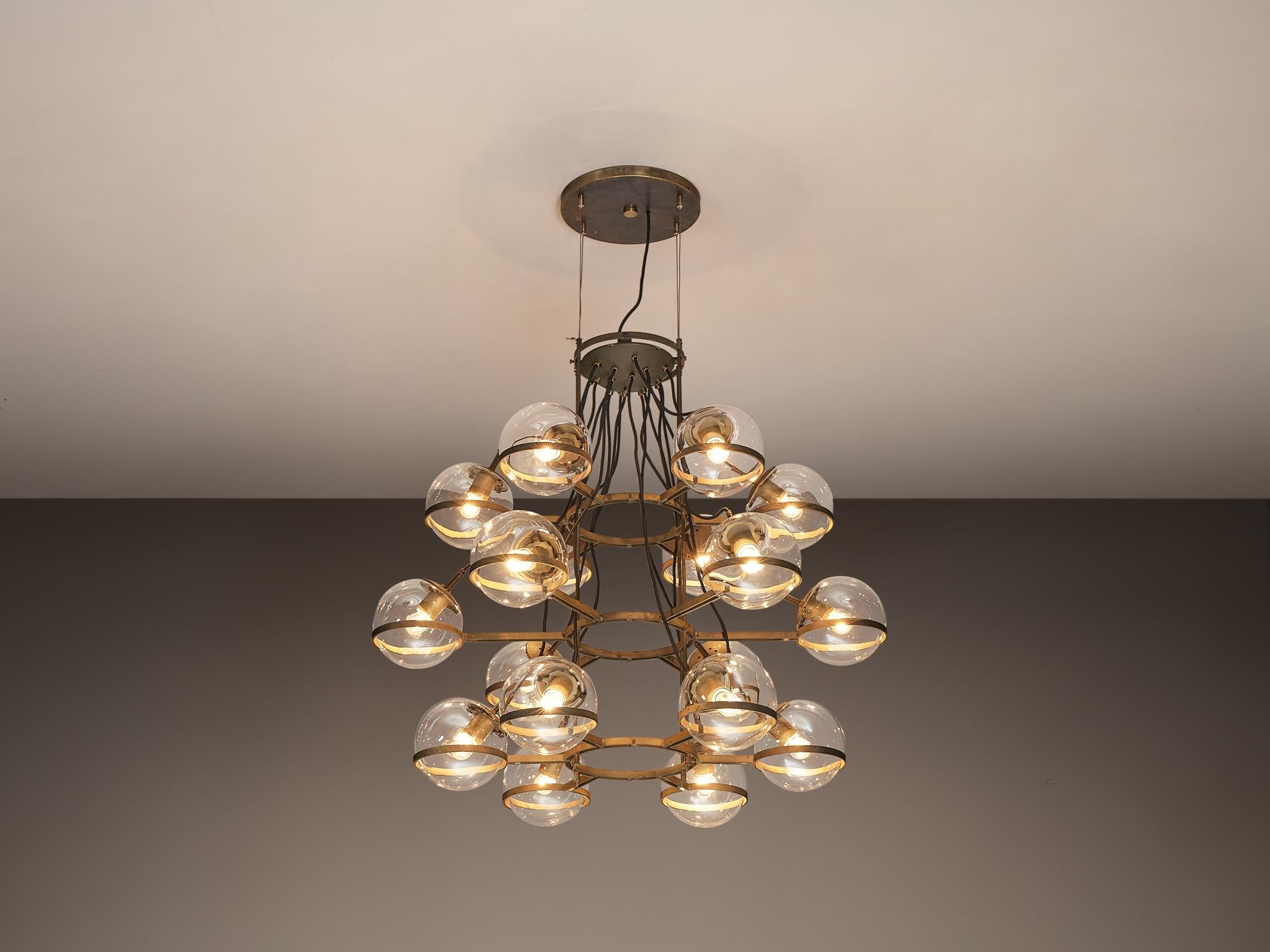 Large French Brass Chandelier with Eighteen Spheres in Glass