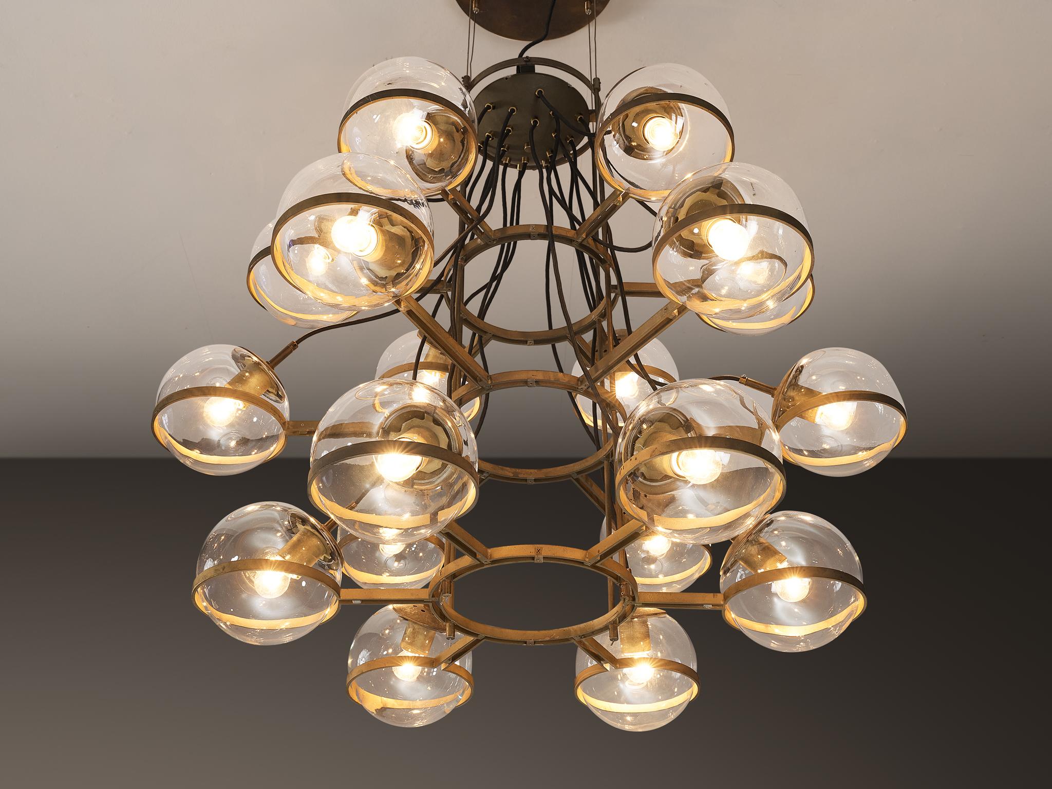 Large French Brass Chandelier with Eighteen Spheres in Glass