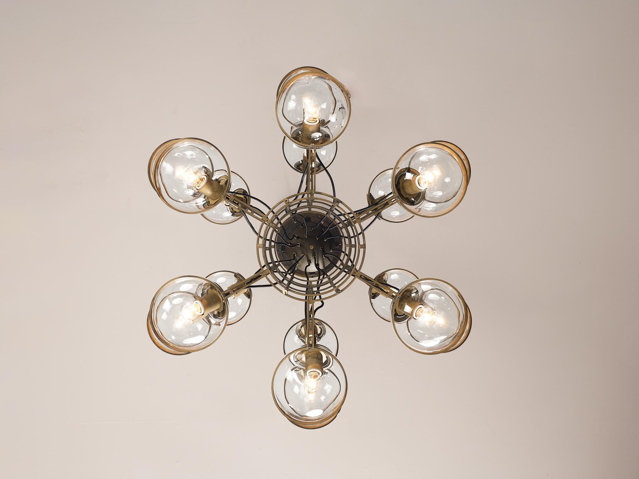 Large French Brass Chandelier with Eighteen Spheres in Glass