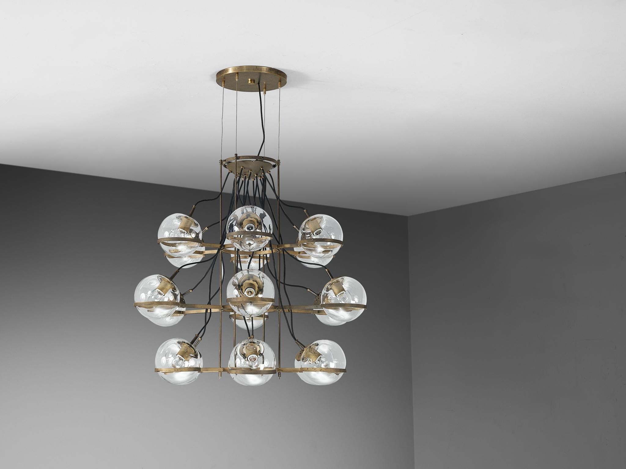 Large French Brass Chandelier with Eighteen Spheres in Glass