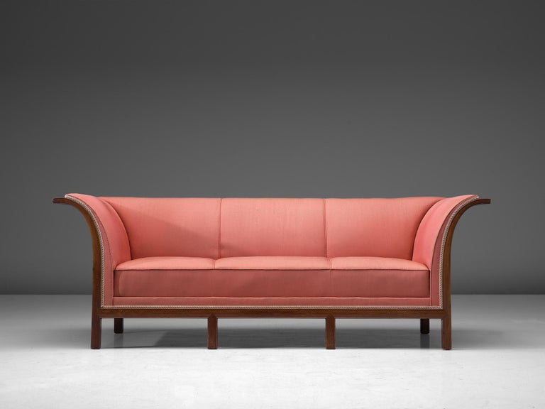 Frits Henningsen Sofa in Walnut and Pink Upholstery