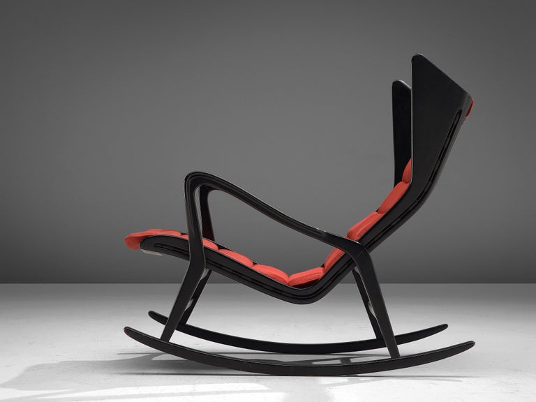 Studio Cassina '572 Rocking' Chair in Ebonized Wood and Red Upholstery